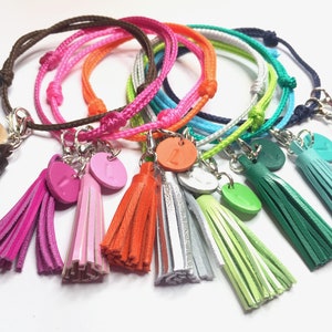 Friendship bracelet with Tassel & Initial disc, 2mm Cord knotted adjustable bracelet, Fine Knotted cord bracelet, tiny tassel cord bracelet