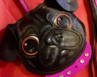 Black Pug made in Nappa Leather, Pug Leather Bag Charm, Black Pug Face Charm with hand painted face, Cute Black Pug Charm