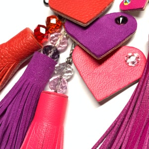 Leather Fringe & Crystal topped tassel with a little clip on Heart in matching colour featuring a sparkly crystal, supple hand cut soft hide image 2