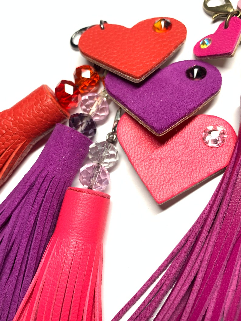 Leather Fringe & Crystal topped tassel with a little clip on Heart in matching colour featuring a sparkly crystal, supple hand cut soft hide image 2