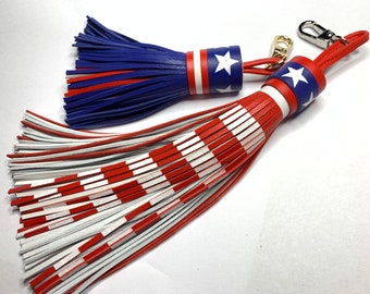 Patriotic Stars & Stripes Charm, USA Tassel, Hand Painted Red White and Blue luxury Bag charm, fine hand cut supple leather fringe gift