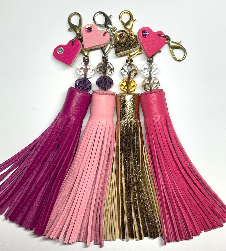 Leather Fringe & Crystal topped tassel with a little clip on Heart in matching colour featuring a sparkly crystal, supple hand cut soft hide image 6