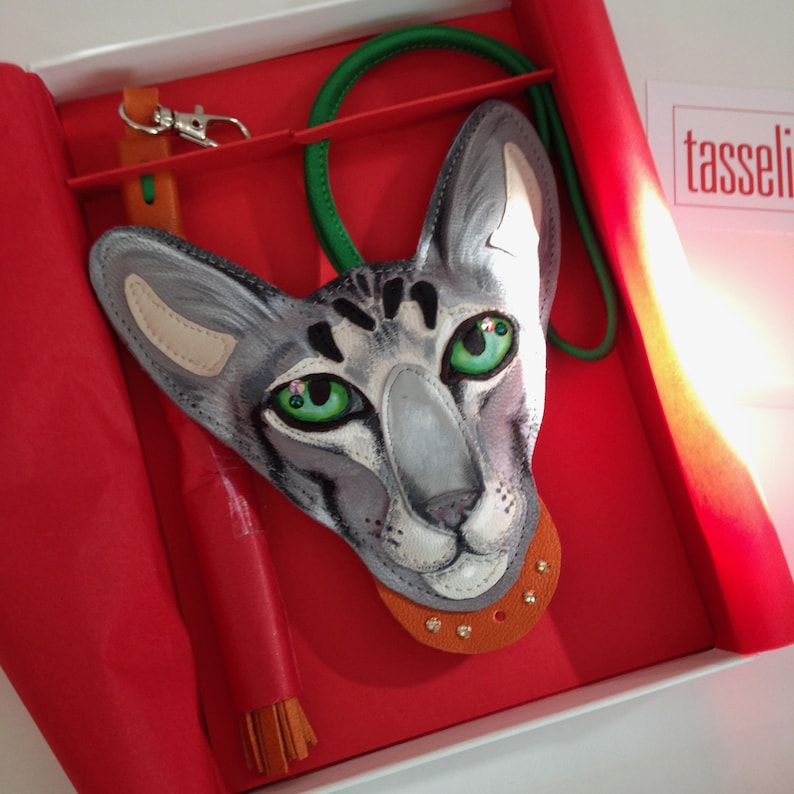 Cat lovers gift Personalised Hand Painted Cat Charm Oriental Tabby Cat Bag Charm Custom Order Silver Tabby Oriental Cat Charm