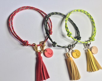 Friendship bracelet with Tassel & Initial disc, 2mm Cord knotted adjustable bracelet, Fine Knotted cord bracelet, tiny tassel cord bracelet