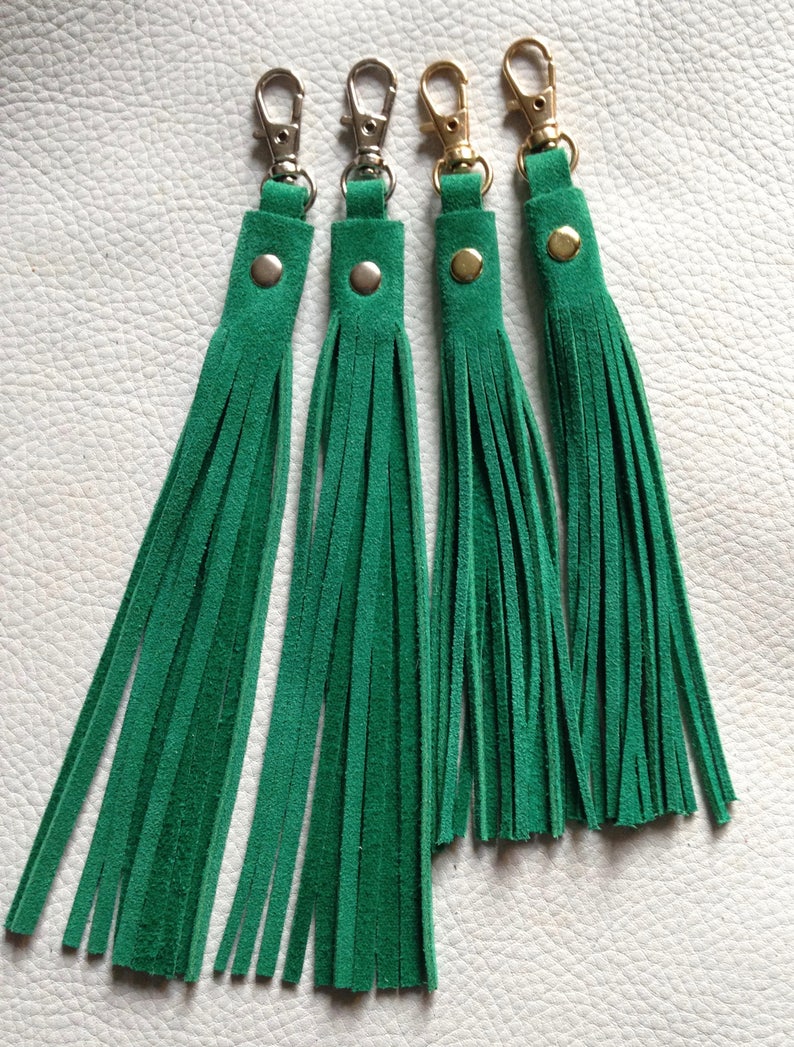 Leather Boot Tassels with Clips, finely hand cut, soft pair of tassels in many colours for Bags, Boots or Zippers, with metal stud feature. image 7