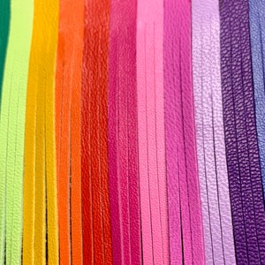 Op de afbeelding: Een regenboogassortiment van leren koorden, met een verscheidenheid aan kleuren, waaronder groen, geel, oranje, rood, roze, paars en blauw.