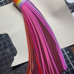 Op de afbeelding: Een veelkleurige leren kwast sleutelhanger met een regenboogstreepjespatroon. De kwast is gemaakt van dunne leren stroken in tinten roze, paars, oranje en rood.