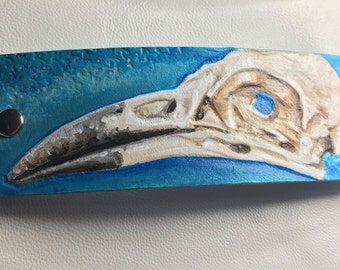 Crows Skull Painted Leather Barrette, Carved Crow Skull Barrette, 4" Barrette, Leather Crows skull Barrette, Crow's Skull leather Barrette