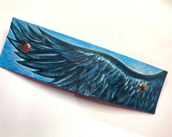 Crows Wing design Barrette hair clip, Carved Wing Hair Barrette, 4" Barrette, Leather Crows Wing Barrette, Carved painted Crow Wing Barrette