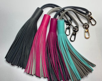 Soft two tone leather Bag Tassel, super supple hide, very finely cut by hand in Juicy Colours, pink, magenta, mint & grey classy smart charm