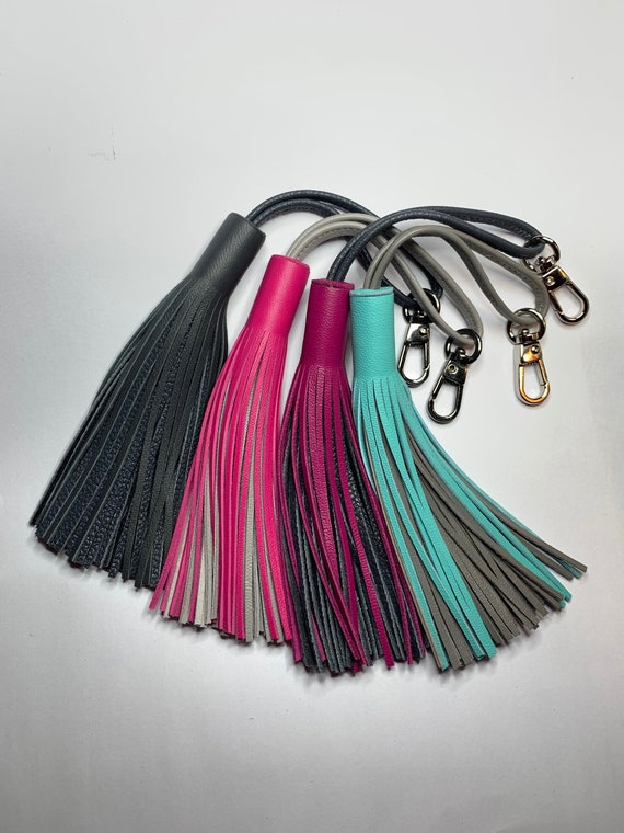 Soft two tone leather Bag Tassel, super supple hide, very finely cut by hand in Juicy Colours, pink, magenta, mint & grey classy smart charm