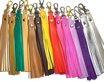 Leather Boot Tassels with Clips, finely hand cut, soft pair of tassels in many colours for Bags, Boots or Zippers, with metal stud feature.