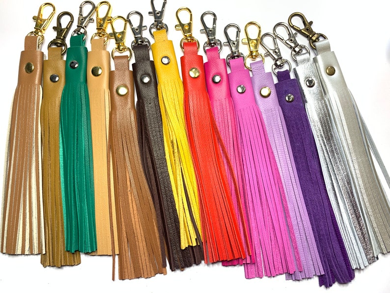 Leather Boot Tassels with Clips, finely hand cut, soft pair of tassels in many colours for Bags, Boots or Zippers, with metal stud feature. image 1