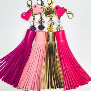 Leather Fringe & Crystal topped tassel with a little clip on Heart in matching colour featuring a sparkly crystal, supple hand cut soft hide image 1