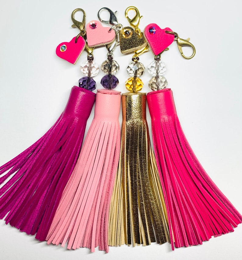 Leather Fringe & Crystal topped tassel with a little clip on Heart in matching colour featuring a sparkly crystal, supple hand cut soft hide image 1
