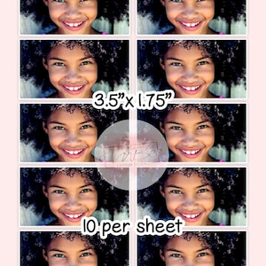 May include: A sheet of 10 photo stickers featuring a smiling girl with curly hair. The stickers are 3.5 inches by 1.75 inches and are labeled "Custom Image".