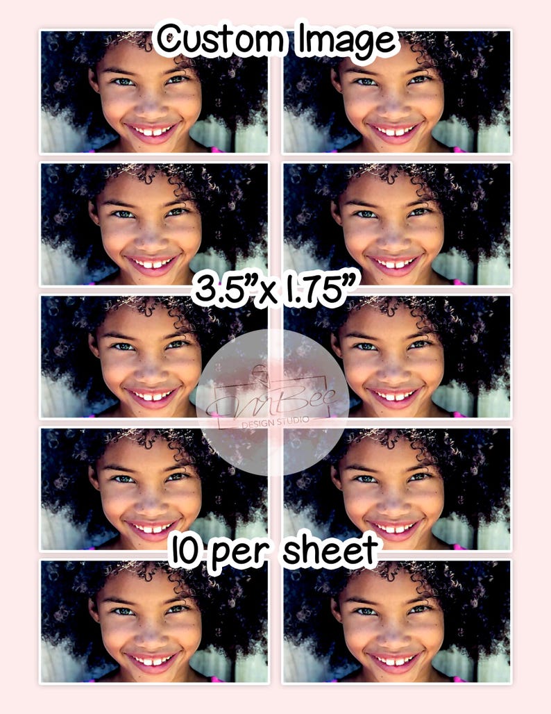 May include: A sheet of 10 photo stickers featuring a smiling girl with curly hair. The stickers are 3.5 inches by 1.75 inches and are labeled "Custom Image".