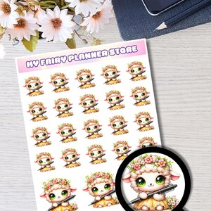 May include: A sheet of planner stickers featuring 25 adorable cartoon sheep holding pens. Each sheep is wearing a flower crown and a yellow dress. The stickers are perfect for adding a touch of whimsy to your planner.
