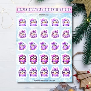 May include: A sheet of stickers with cartoon penguins wearing purple bows and scarves. The penguins are on a light blue background with snowflakes. The text "MY FAIRY PLANNER STORE" is at the top, with the Etsy shop URL at the bottom.