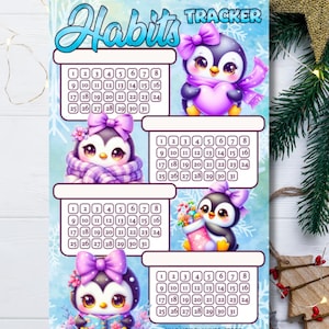 Puede incluir: Un rastreador de hábitos con temática invernal con pingüinos de dibujos animados con lazos y bufandas. Cada pingüino sostiene un corazón o un regalo. El rastreador incluye una cuadrícula de calendario. El texto "Habits Tracker" está en la parte superior.