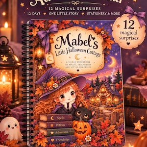 Può includere: Un calendario dell'Avvento di Halloween con rilegatura a spirale intitolato Mabel's Little Halloween Cottage. La copertina mostra un personaggio con un cappello da strega viola, un gatto nero, una zucca e libri intitolati Spells, Potions, Adventures, Friendships.