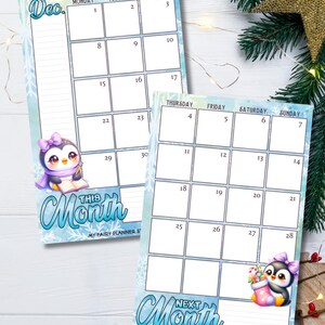 以下が含まれることがあります： 冬をテーマにした2つのカレンダーページ。1つのページには「12月」と「今月」、もう1つのページには「来月」と書かれています。各ページにはペンギンのイラストと日付入りのカレンダーグリッドが描かれています。