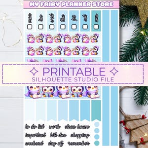 以下が含まれることがあります： 水色と紫色の配色が施された、印刷可能なプランナーステッカーシート。ペンギンのイラスト、週の各曜日のチェックボックス、「to do list」や「shopping」などのテキストラベルが特徴です。「PRINTABLE SILHOUETTE STUDIO FILE」の文字も含まれています。