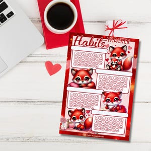 Può includere: Un tracker di abitudini stampabile rosso e bianco con un'illustrazione di volpe. Il tracker ha quattro sezioni con una griglia di calendario per ogni sezione. Il testo "Habits Tracker" è in cima alla pagina. Il testo "My Pairy Planner Store" è in fondo alla pagina.