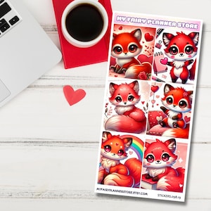 Peut inclure: Une feuille d'autocollants pour planificateur avec six adorables illustrations de renards roux avec des cœurs, des fleurs et des arcs-en-ciel. Les autocollants sont étiquetés "My Fairy Planner Store" et "Stickers.098.19".