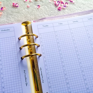 May include: A purple planner with gold rings and a gridded layout. The planner has days of the week labelled at the top: Tuesday, Wednesday, Thursday, Friday, Saturday, and Sunday. The planner has the text "Phy Fary Planner System" written on the side.