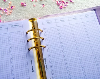 May include: A purple planner with gold rings and a gridded layout. The planner has days of the week labeled at the top: Tuesday, Wednesday, Thursday, Friday, Saturday, and Sunday. The planner has the text "Phy Fary Planner System" written on the side.