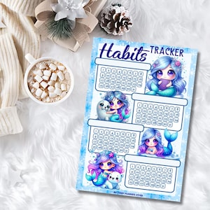 May include: A printable habit tracker with four monthly calendars featuring cute mermaid illustrations. Each calendar has a blue background with snowflakes and a white border. The text "Habits Tracker" is at the top of the page.