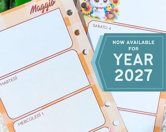 May include: Two planner pages with a light orange gingham border. Each page has a cartoon kitten with sunflowers. The text "Maggio" and day names are visible. A teal banner reads "NOW AVAILABLE FOR YEAR 2027."