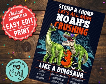 T Rex Dinosaur 3rd Birthday Party Jungle Invitation Boys DIY Printable Editable Instant Digital Download Dinosaur Birthday Invite Gift Kids