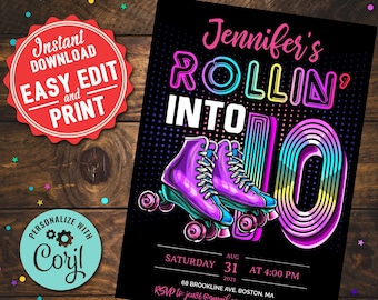 Retro Roller Skate 10th Birthday Invitation (Digital Download)