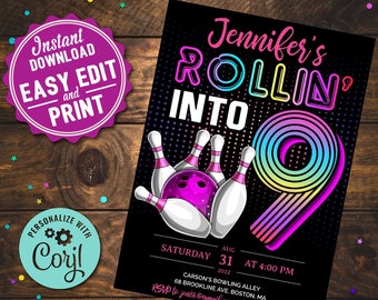 Bowling Party 9th Birthday digital download Invitation Girls DIY Printable Editable Instant Digital Download Retro Bowling Party Invite