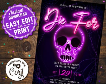 Neon Skull Halloween Party Invitation: Editable Digital Invite (5x7) (Digital Download)
