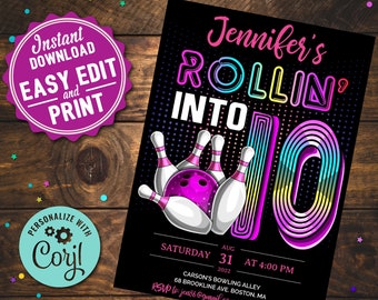 Bowling Party 10th Birthday digital download Invitation Girls DIY Printable Editable Instant Digital Download Retro Bowling Party Invite