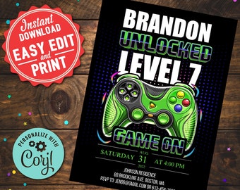 May include: A black and green video game controller with the text "Brandon Unlocked Level 7 Game On" and "Saturday Aug 31 at 4:00 PM 2022" on a black background. The text "Johnson Residence 68 Brookline Ave. Boston, MA RSVP to: Jen86@gmail.com or 613-456-7856" is also included.