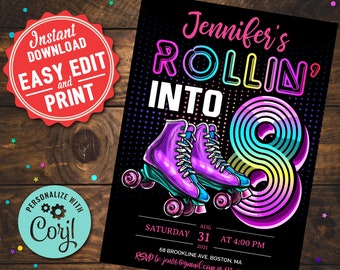 Retro Roller Skate 8th Birthday Invitation: Editable Printable (Digital Download)