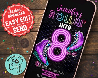 Roller Skating Birthday Mobile Phone Electronic Invitation Girls Editable Instant Digital Download Skating Birthday Invite Smartphone Evite