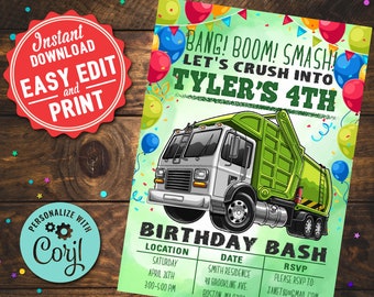 May include: A green and gray garbage truck with a birthday party invitation. The invitation says "Bang! Boom! Smash! Let's Crush Into Tyler's 4th Birthday Bash". The invitation includes the date, time, location, and RSVP information.
