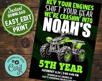 4 Wheeler Quad ATV Birthday Party Invitation Boys DIY Printable Editable Instant Digital Download