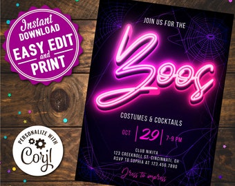 Neon Halloween Costumes & Cocktails Party Invitation (Digital Download)