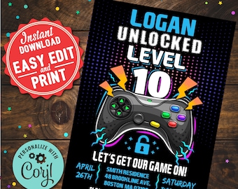 Video Game Level 10 Unlocked Birthday Party Invitation Boys Printable Editable Instant Digital Download Template Video Game Birthday Gift