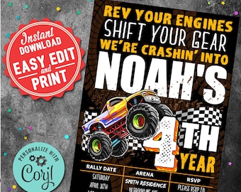May include: A monster truck birthday party invitation with a black, brown, and yellow monster truck on a checkered flag background. The text reads "Rev Your Engines Shift Your Gear We're Crashin' Into Noah's 4th Year".