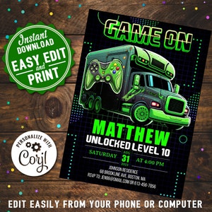 Video Gaming Truck Birthday Party Invitation Boys DIY Imprimable Editable Instantané Digital Télécharger Gamer Birthday Invite