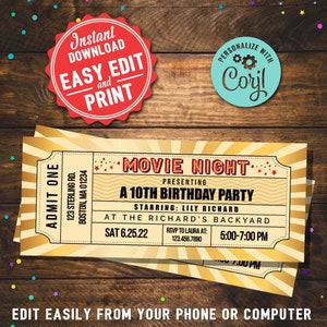 Movie Ticket Birthday Party Invitation Boys Girls Printable Editable Instant Digital Download Template Movie Night Birthday Party Invitation