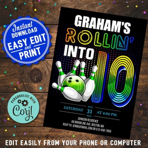 Bowling Party 10th Birthday descarga digital Invitación Chicos DIY Imprimible Editable Instant Digital Download Retro Bowling Party Invite