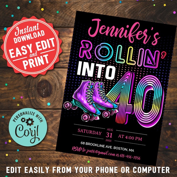 Roller Skating 40th Birthday Digital Invitation Women DIY Printable Editable Instant Digital Download Retro Roller Skate Party Invite